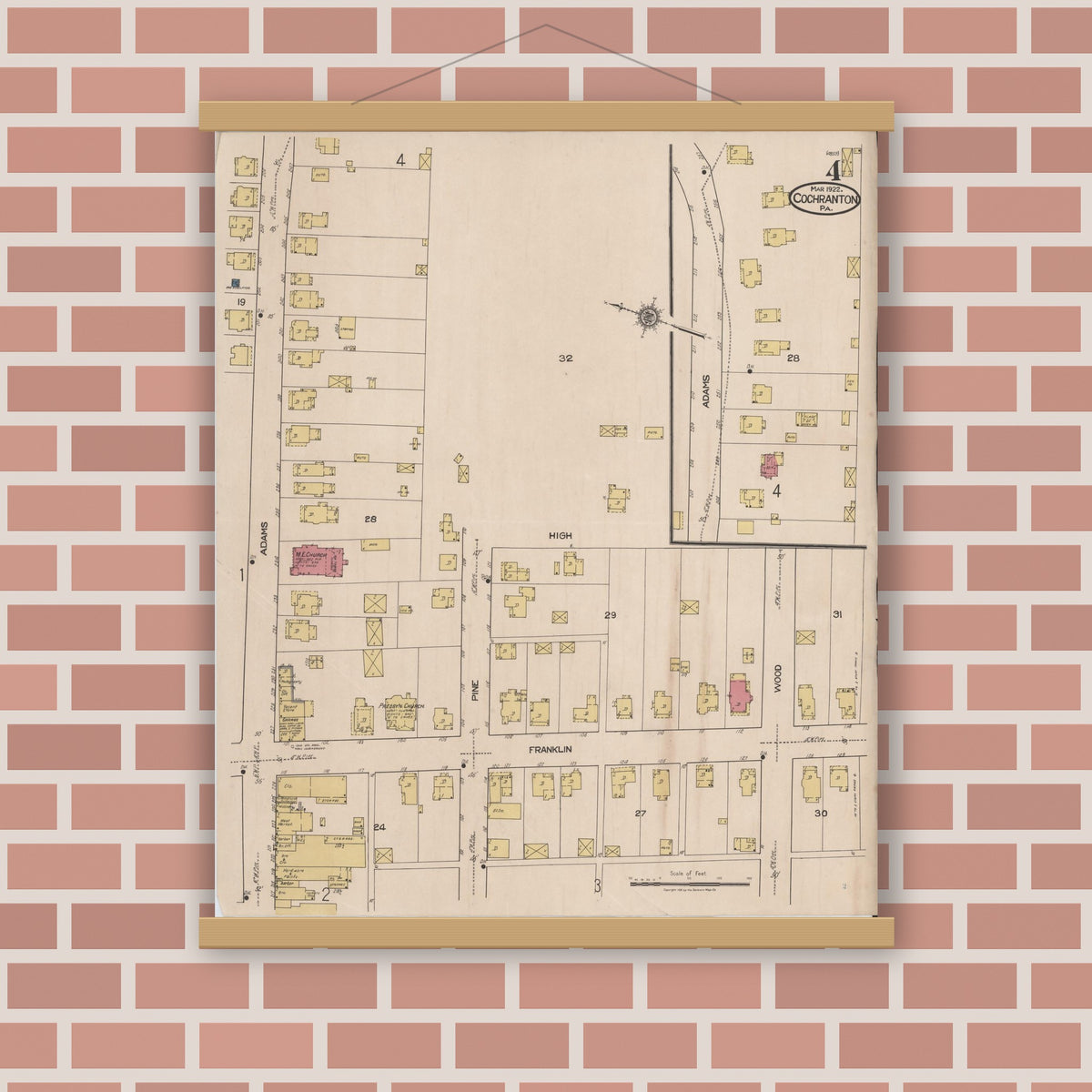 Old map wall art mockup — magnetic wood frame on brick wall — Sanborn Fire Insurance Map from Cochranton, Crawford County, Pennsylvania (1922), Sheet #0004