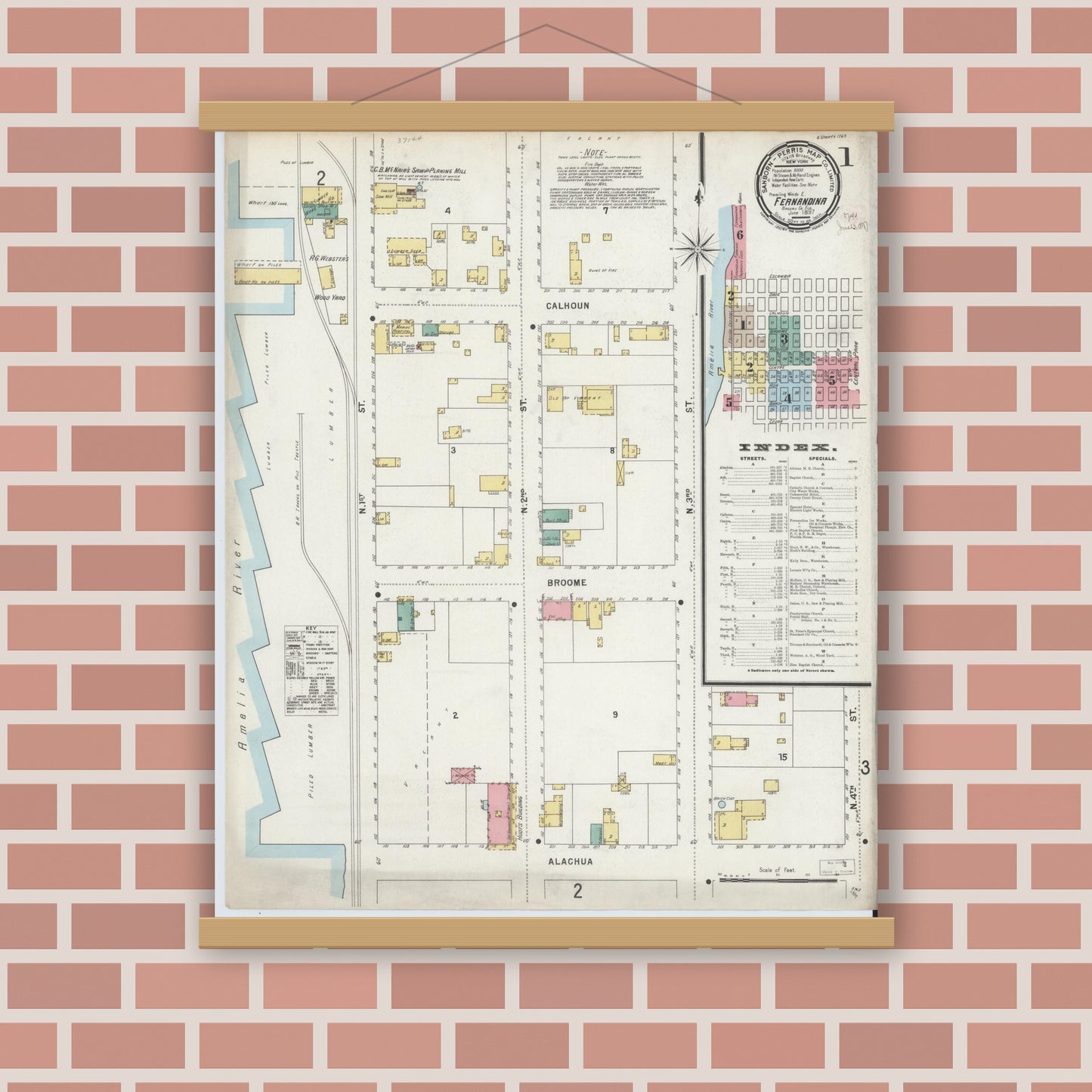 Old map wall art mockup — magnetic wood frame on brick wall — Sanborn Fire Insurance Map from Fernandina, Nassau County, Florida (1897) - Complete Map Set