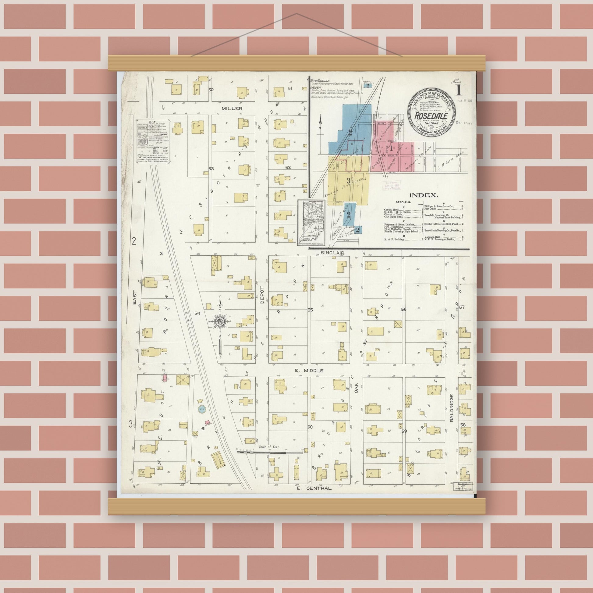 Old map wall art mockup — magnetic wood frame on brick wall — Sanborn Fire Insurance Map from Rosedale, Parke County, Indiana (1913), Sheet #0001
