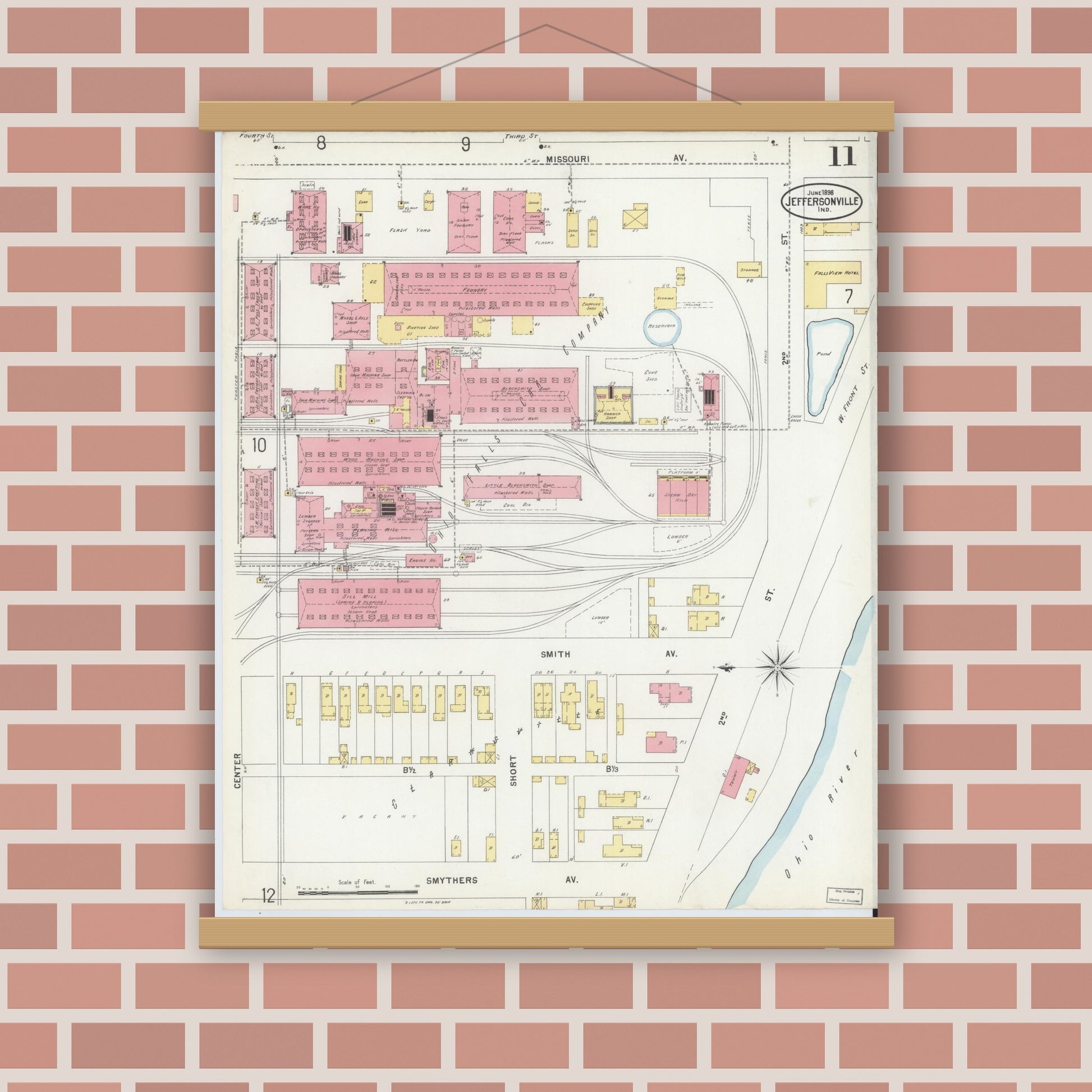 Old map wall art mockup — magnetic wood frame on brick wall — Sanborn Fire Insurance Map from Jeffersonville, Clark County, Indiana (1898), Sheet #0011