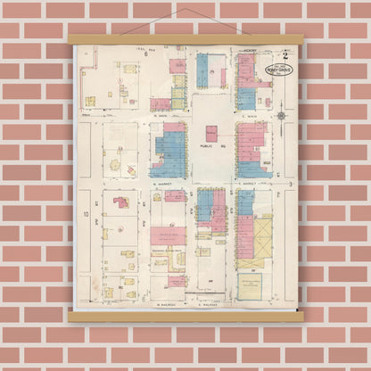Old map wall art mockup — magnetic wood frame on brick wall — Sanborn Fire Insurance Map from Honey Grove, Fannin County, Texas (1943), Sheet #0002