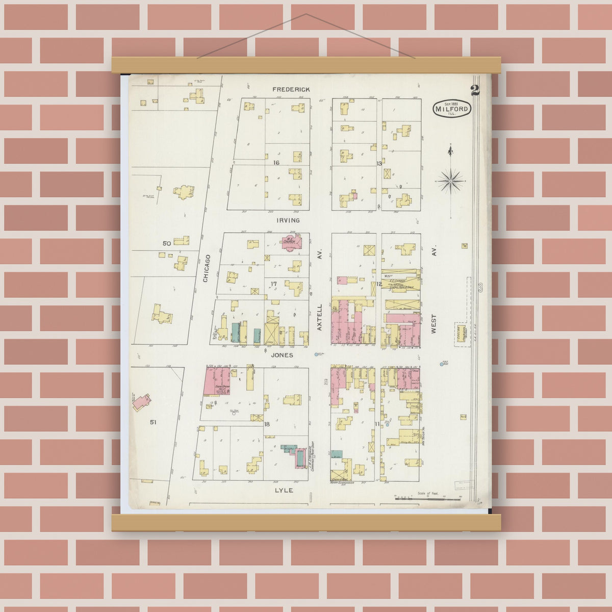 Old map wall art mockup — magnetic wood frame on brick wall — Sanborn Fire Insurance Map from Milford, Iroquois County, Illinois (1893), Sheet #0002