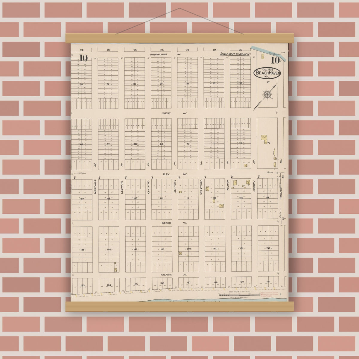 Old map wall art mockup — magnetic wood frame on brick wall — Sanborn Fire Insurance Map from Beach Haven, Ocean County, New Jersey (1922), Sheet #0010