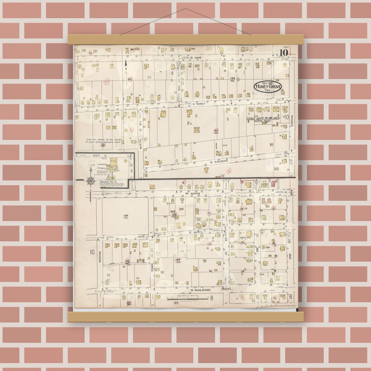 Old map wall art mockup — magnetic wood frame on brick wall — Sanborn Fire Insurance Map from Honey Grove, Fannin County, Texas (1943), Sheet #0010