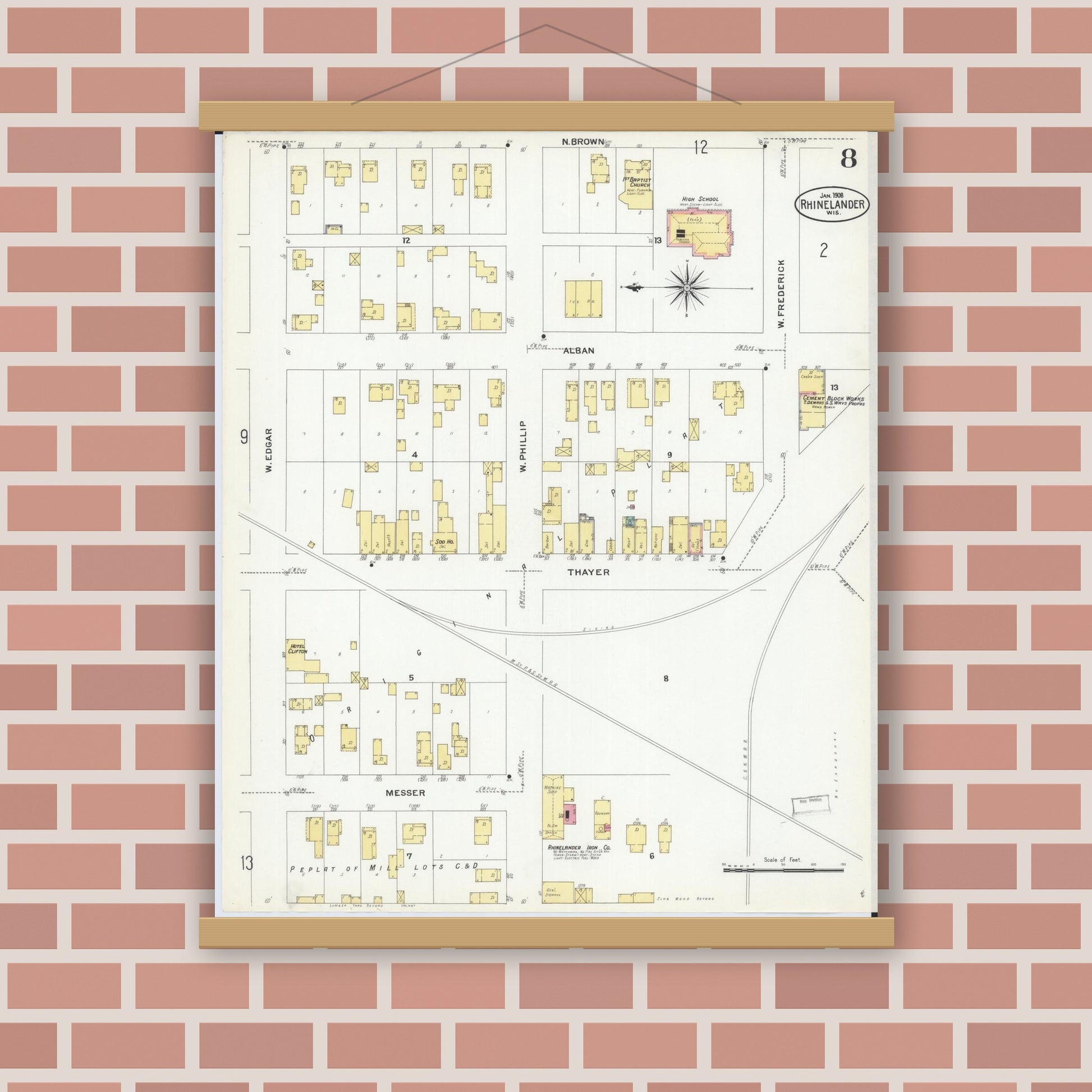 Old map wall art mockup — magnetic wood frame on brick wall — Sanborn Fire Insurance Map from Rhinelander, Oneida County, Wisconsin (1908), Sheet #0008