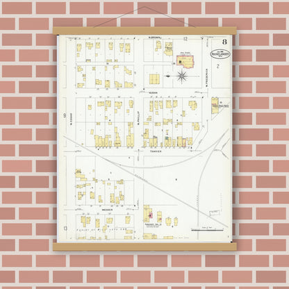 Old map wall art mockup — magnetic wood frame on brick wall — Sanborn Fire Insurance Map from Rhinelander, Oneida County, Wisconsin (1908), Sheet #0008