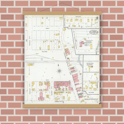 Old map wall art mockup — magnetic wood frame on brick wall — Sanborn Fire Insurance Map from Chesterton, Porter County, Indiana (1905), Sheet #0002
