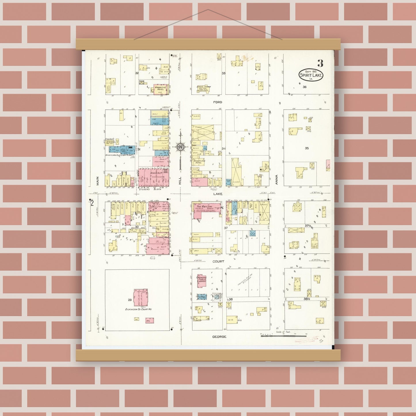 Old map wall art mockup — magnetic wood frame on brick wall — Sanborn Fire Insurance Map from Spirit Lake, Dickinson County, Iowa (1913), Sheet #0003