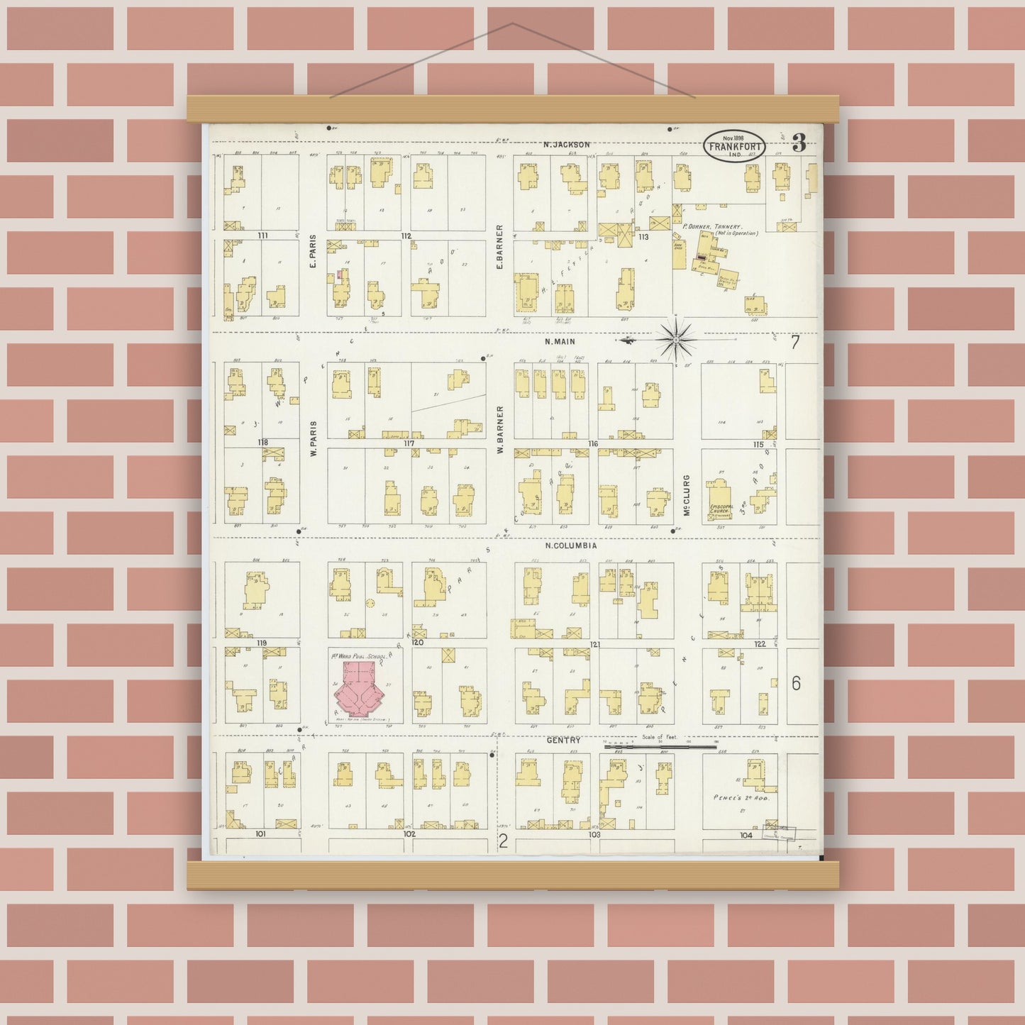 Old map wall art mockup — magnetic wood frame on brick wall — Sanborn Fire Insurance Map from Frankfort, Clinton County, Indiana (1898), Sheet #0003
