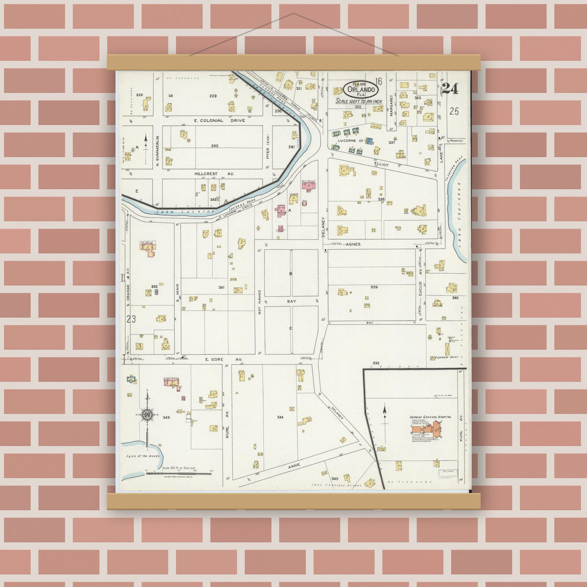 Old map wall art mockup — magnetic wood frame on brick wall — Sanborn Fire Insurance Map from Orlando, Orange County, Florida (1919), Sheet #0024