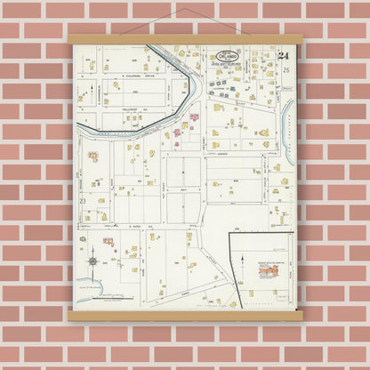 Old map wall art mockup — magnetic wood frame on brick wall — Sanborn Fire Insurance Map from Orlando, Orange County, Florida (1919), Sheet #0024