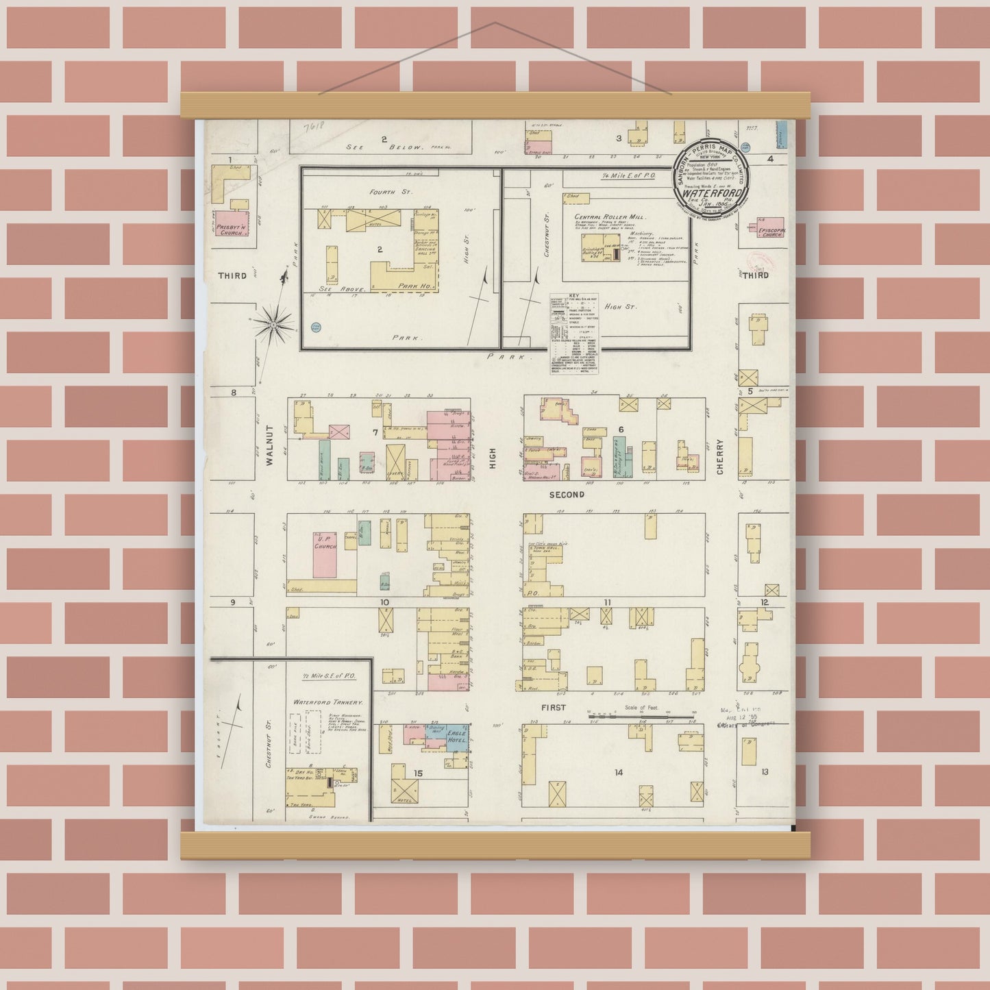 Old map wall art mockup — magnetic wood frame on brick wall — Sanborn Fire Insurance Map from Waterford, Erie County, Pennsylvania (1895), Sheet #0001
