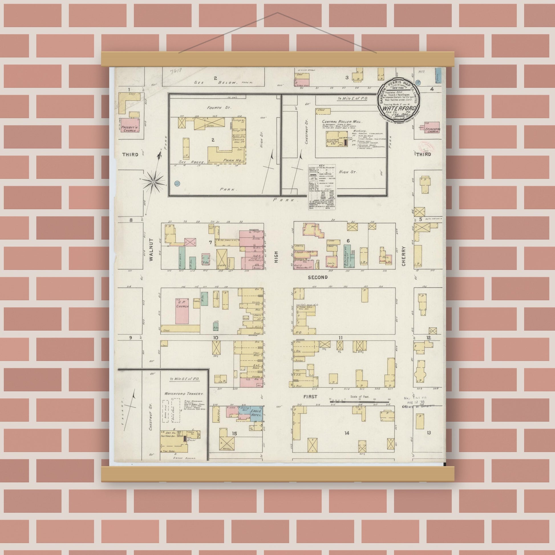Old map wall art mockup — magnetic wood frame on brick wall — Sanborn Fire Insurance Map from Waterford, Erie County, Pennsylvania (1895), Sheet #0001