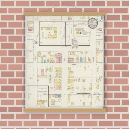 Old map wall art mockup — magnetic wood frame on brick wall — Sanborn Fire Insurance Map from Waterford, Erie County, Pennsylvania (1895), Sheet #0001