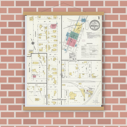 Old map wall art mockup — magnetic wood frame on brick wall — Sanborn Fire Insurance Map from Spencerville, Allen County, Ohio (1911), Sheet #0001