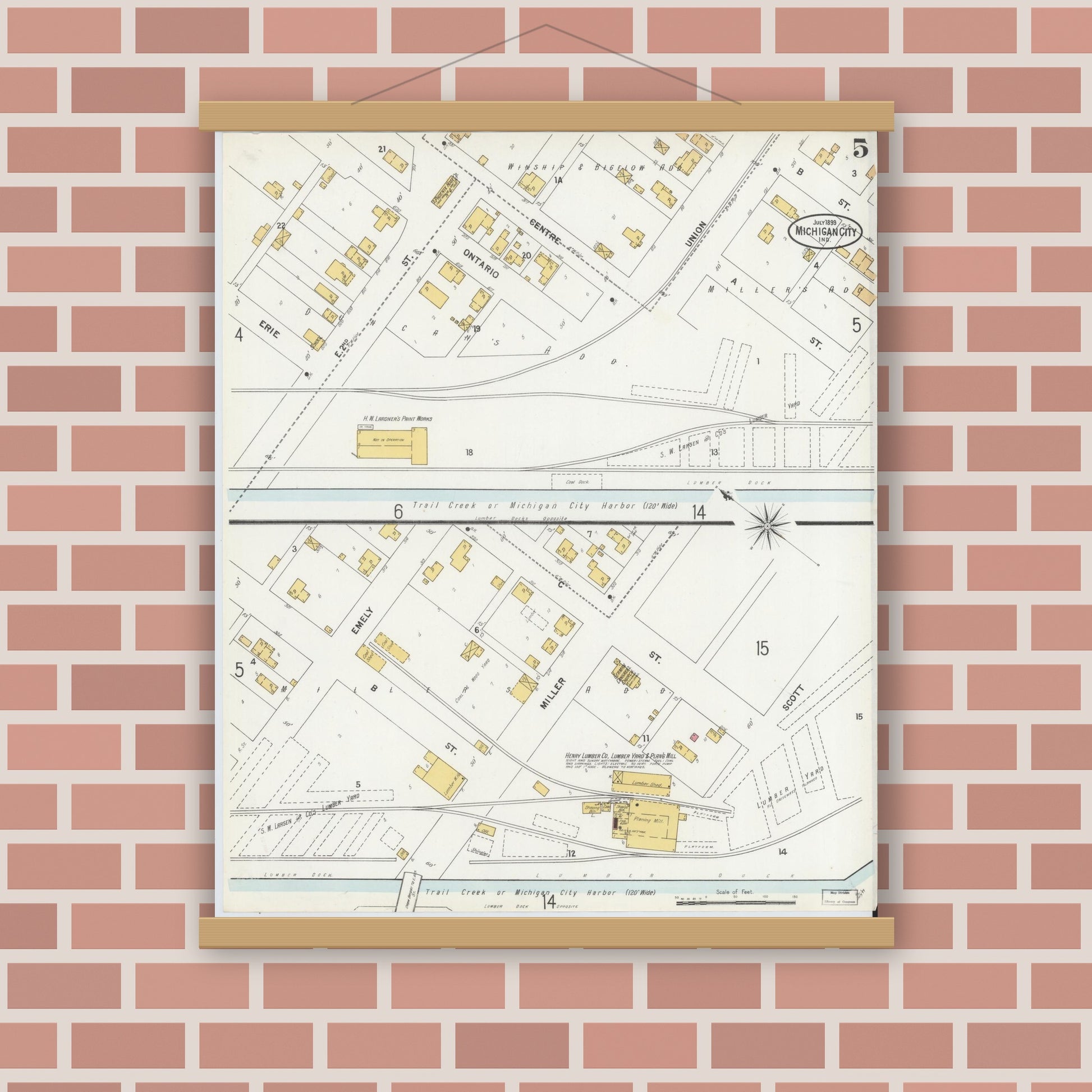 Old map wall art mockup — magnetic wood frame on brick wall — Sanborn Fire Insurance Map from Michigan City, La Porte County, Indiana (1899), Sheet #0005