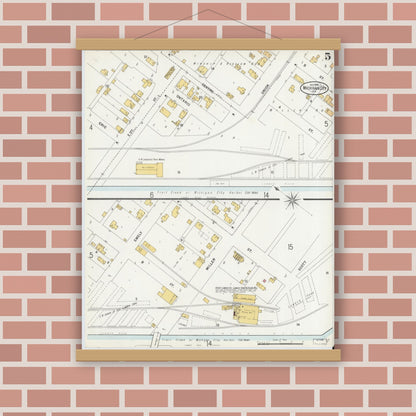 Old map wall art mockup — magnetic wood frame on brick wall — Sanborn Fire Insurance Map from Michigan City, La Porte County, Indiana (1899), Sheet #0005