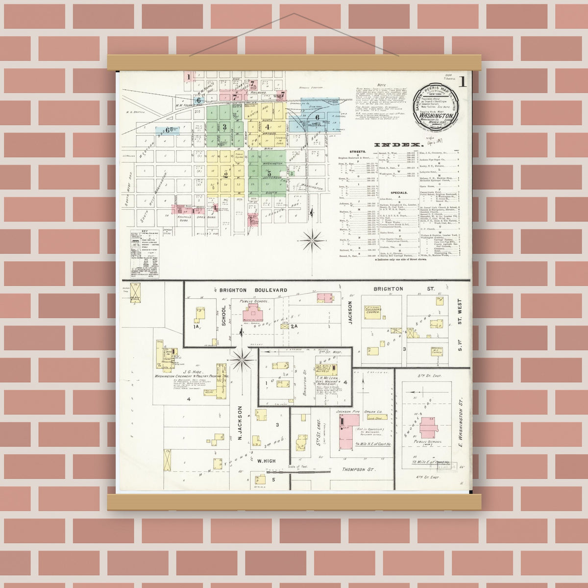 Old map wall art mockup — magnetic wood frame on brick wall — Sanborn Fire Insurance Map from Washington, Washington County, Iowa (1897), Sheet #0001