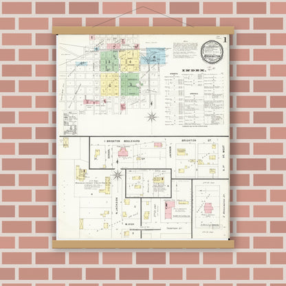 Old map wall art mockup — magnetic wood frame on brick wall — Sanborn Fire Insurance Map from Washington, Washington County, Iowa (1897), Sheet #0001