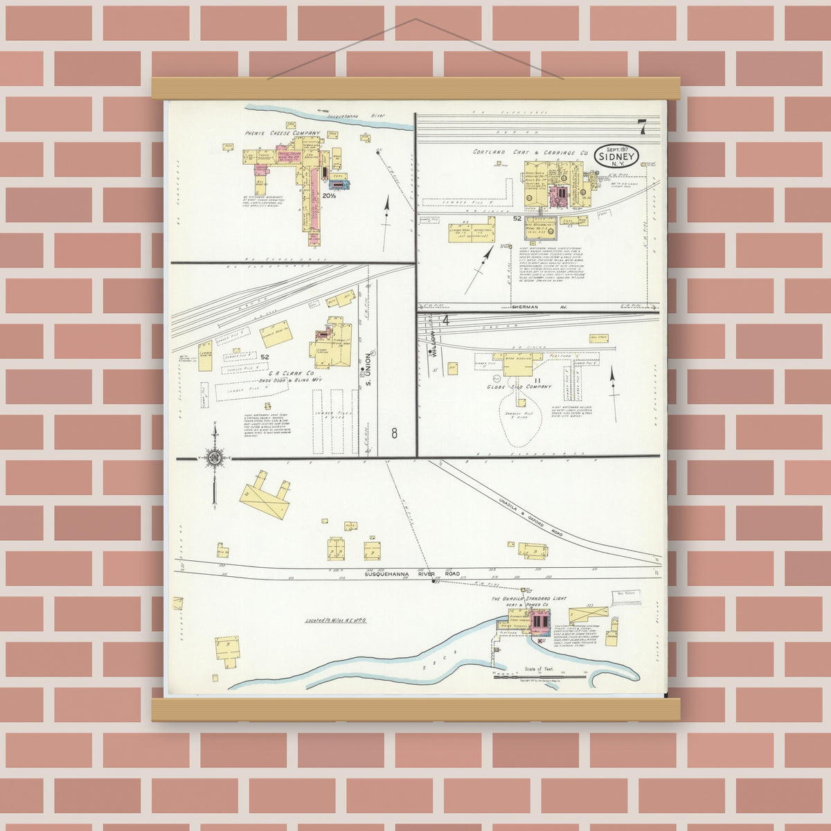Old map wall art mockup — magnetic wood frame on brick wall — Sanborn Fire Insurance Map from Sidney, Delaware County, New York (1917), Sheet #0007
