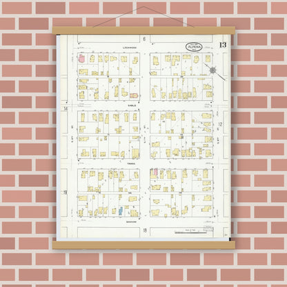 Old map wall art mockup — magnetic wood frame on brick wall — Sanborn Fire Insurance Map from Alpena, Alpena County, Michigan (1910), Sheet #0013