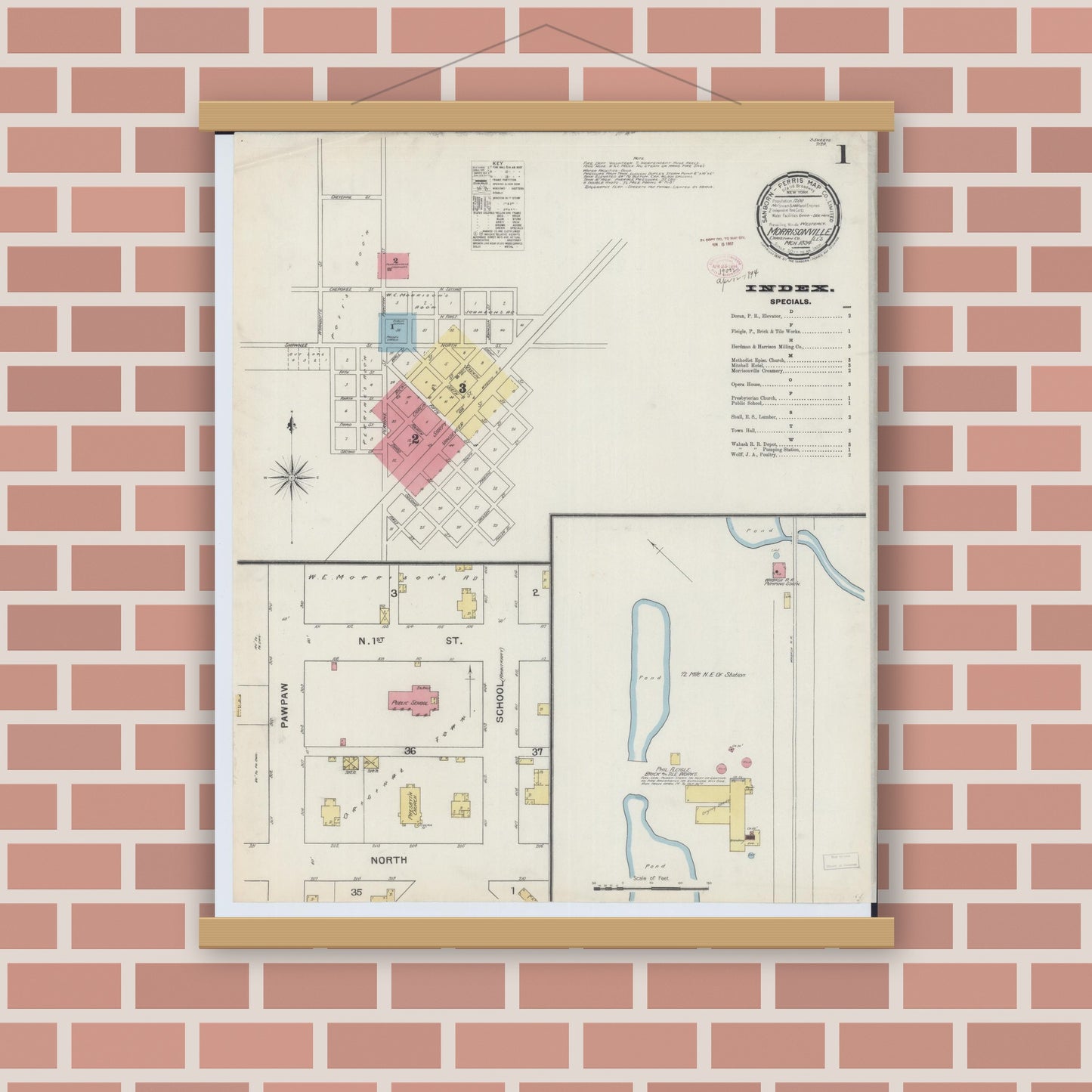 Old map wall art mockup — magnetic wood frame on brick wall — Sanborn Fire Insurance Map from Morrisonville, Christian County, Illinois (1894) - Complete Map Set