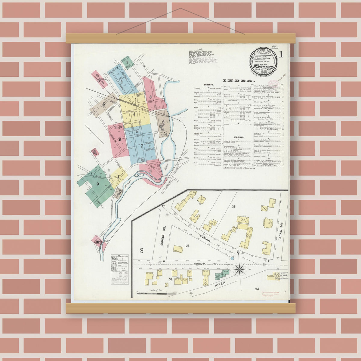 Old map wall art mockup — magnetic wood frame on brick wall — Sanborn Fire Insurance Map from Winchendon, Worcester County, Massachusetts (1896) - Complete Map Set
