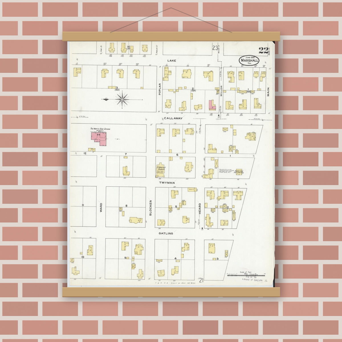 Old map wall art mockup — magnetic wood frame on brick wall — Sanborn Fire Insurance Map from Marshall, Harrison County, Texas (1909), Sheet #0022
