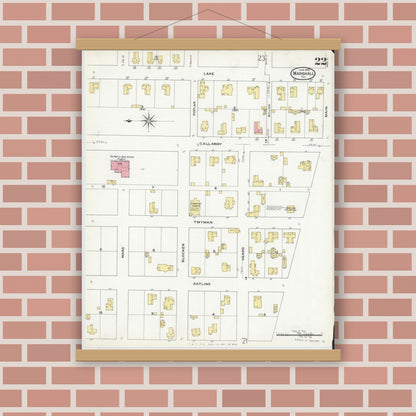 Old map wall art mockup — magnetic wood frame on brick wall — Sanborn Fire Insurance Map from Marshall, Harrison County, Texas (1909), Sheet #0022