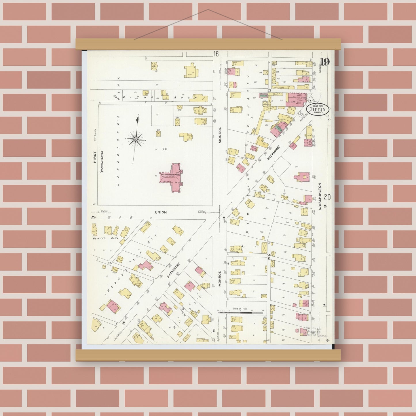 Old map wall art mockup — magnetic wood frame on brick wall — Sanborn Fire Insurance Map from Tiffin, Seneca County, Ohio (1908), Sheet #0019