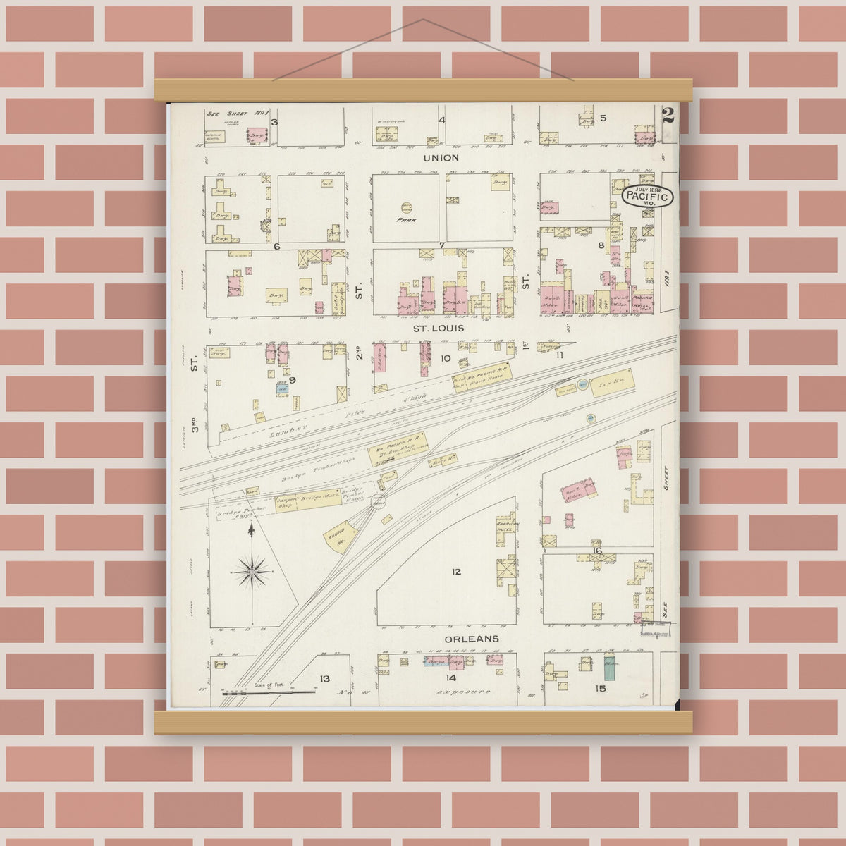 Old map wall art mockup — magnetic wood frame on brick wall — Sanborn Fire Insurance Map from Pacific, Franklin County, Missouri (1886), Sheet #0002
