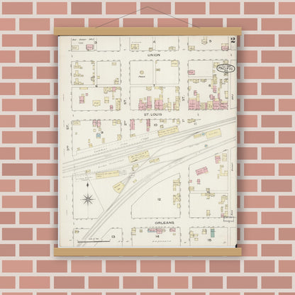 Old map wall art mockup — magnetic wood frame on brick wall — Sanborn Fire Insurance Map from Pacific, Franklin County, Missouri (1886), Sheet #0002