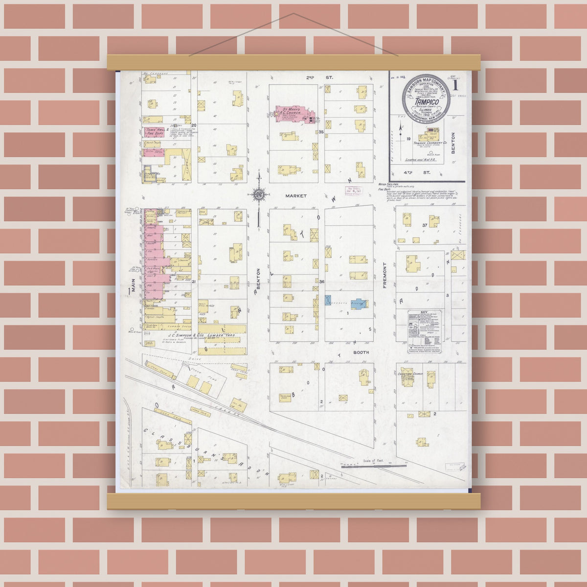 Old map wall art mockup — magnetic wood frame on brick wall — Sanborn Fire Insurance Map from Tampico, Whiteside County, Illinois (1910) - Complete Map Set