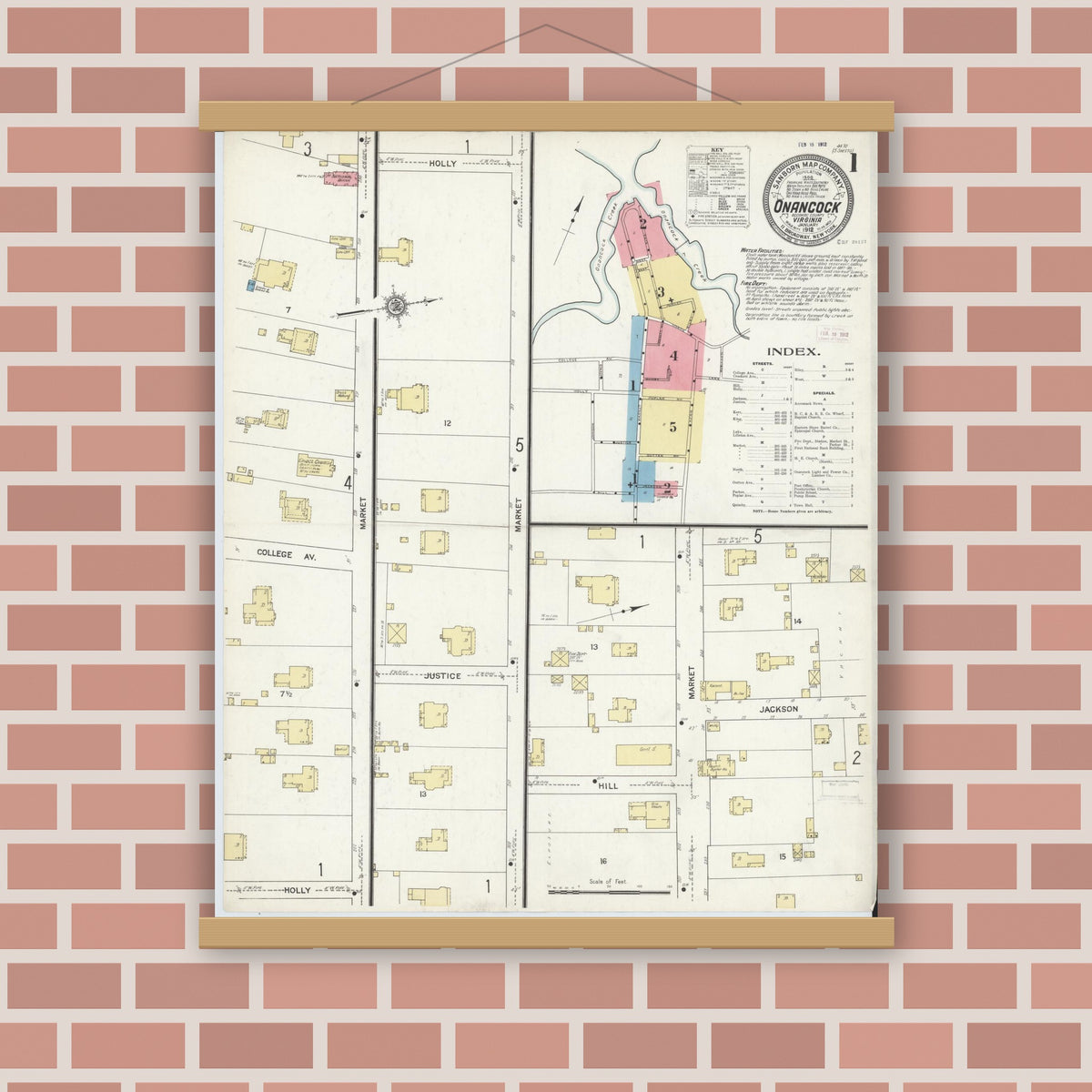 Old map wall art mockup — magnetic wood frame on brick wall — Sanborn Fire Insurance Map from Onancock, Accomack County, Virginia (1912), Sheet #0001