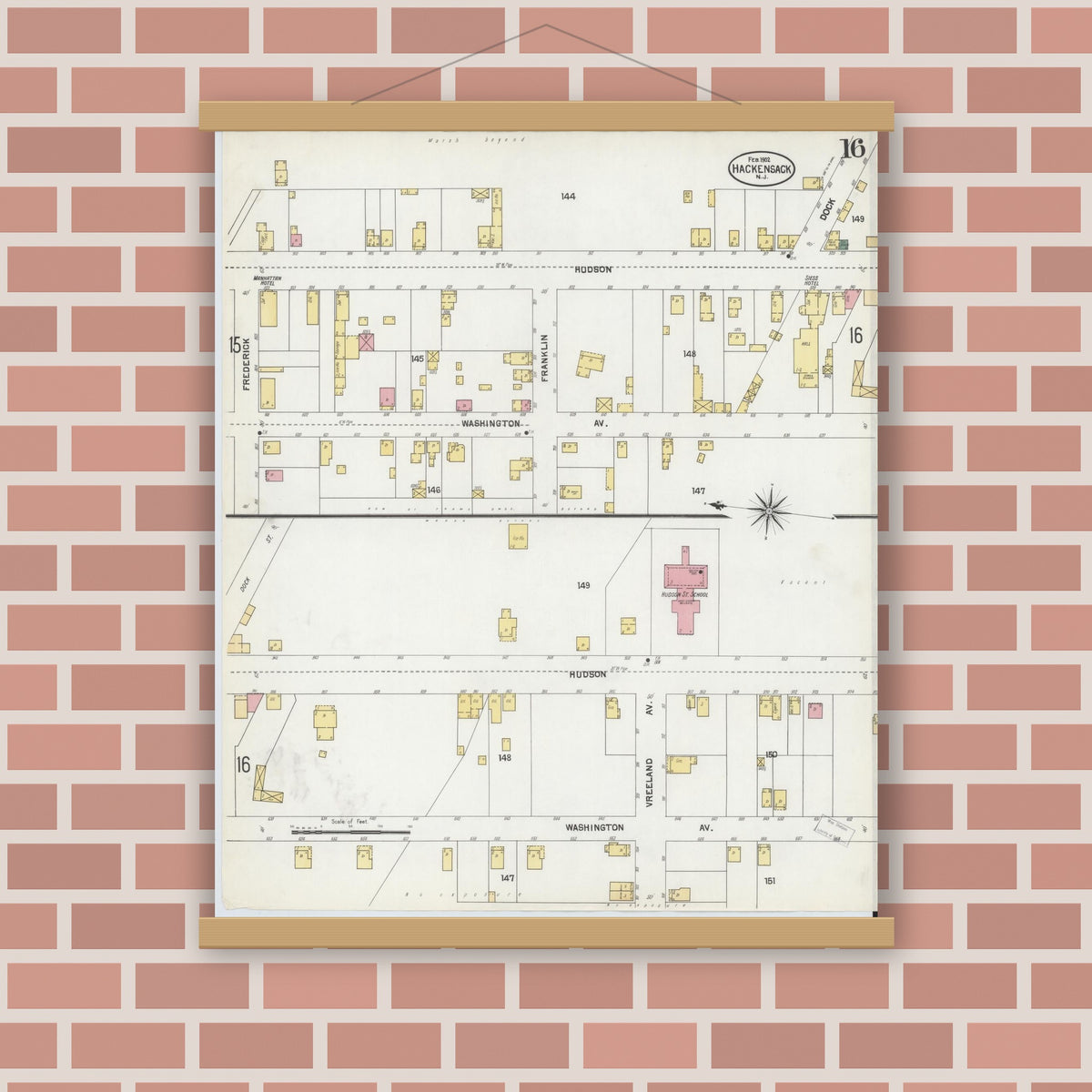 Old map wall art mockup — magnetic wood frame on brick wall — Sanborn Fire Insurance Map from Hackensack, Bergen County, New Jersey (1902), Sheet #0016