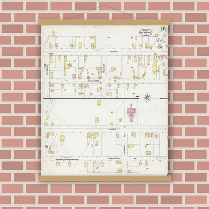 Old map wall art mockup — magnetic wood frame on brick wall — Sanborn Fire Insurance Map from Hackensack, Bergen County, New Jersey (1902), Sheet #0016