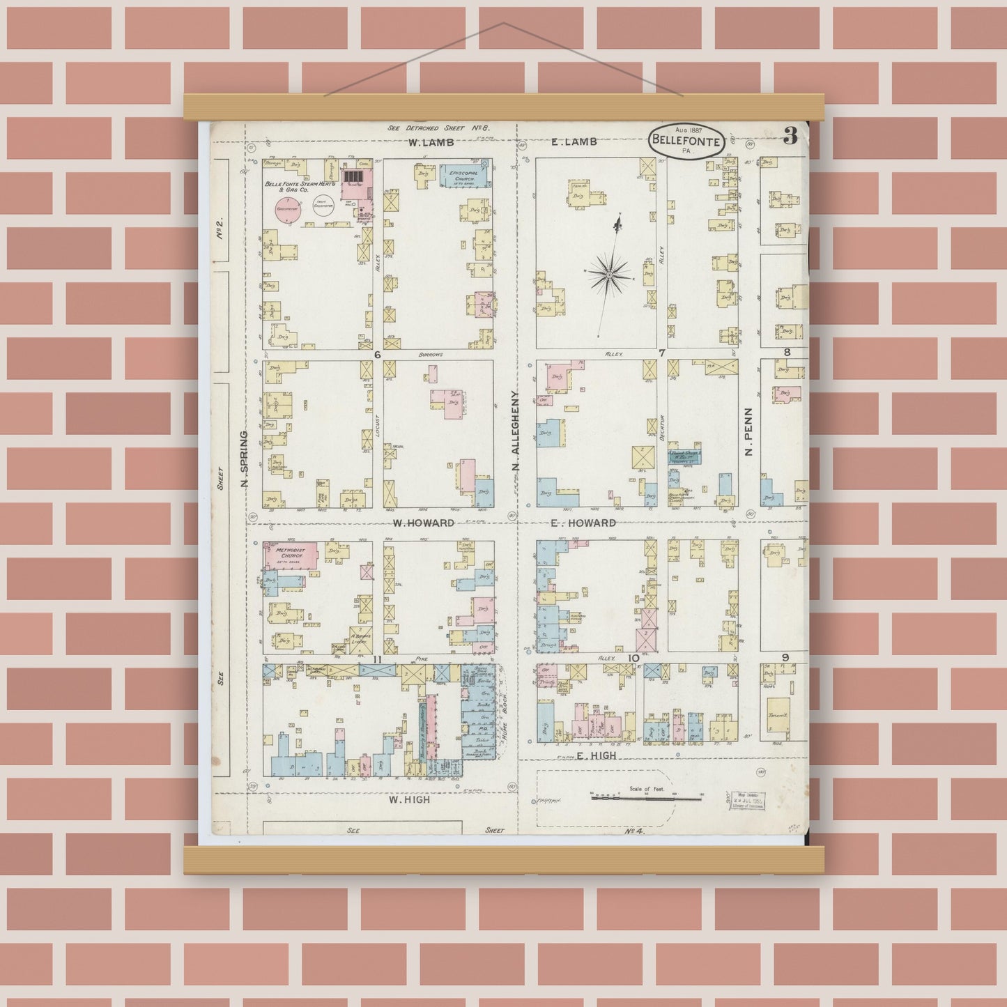 Old map wall art mockup — magnetic wood frame on brick wall — Sanborn Fire Insurance Map from Bellefonte, Centre County, Pennsylvania (1887), Sheet #0003
