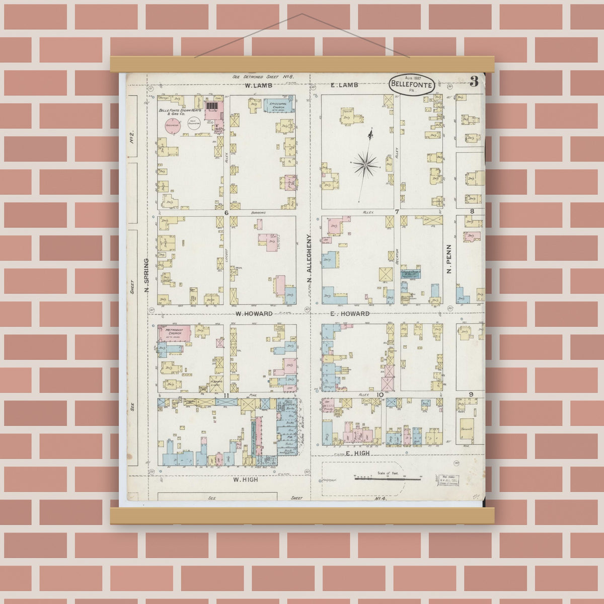 Old map wall art mockup — magnetic wood frame on brick wall — Sanborn Fire Insurance Map from Bellefonte, Centre County, Pennsylvania (1887), Sheet #0003
