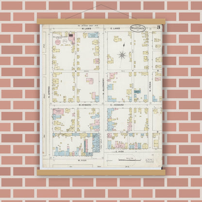 Old map wall art mockup — magnetic wood frame on brick wall — Sanborn Fire Insurance Map from Bellefonte, Centre County, Pennsylvania (1887), Sheet #0003