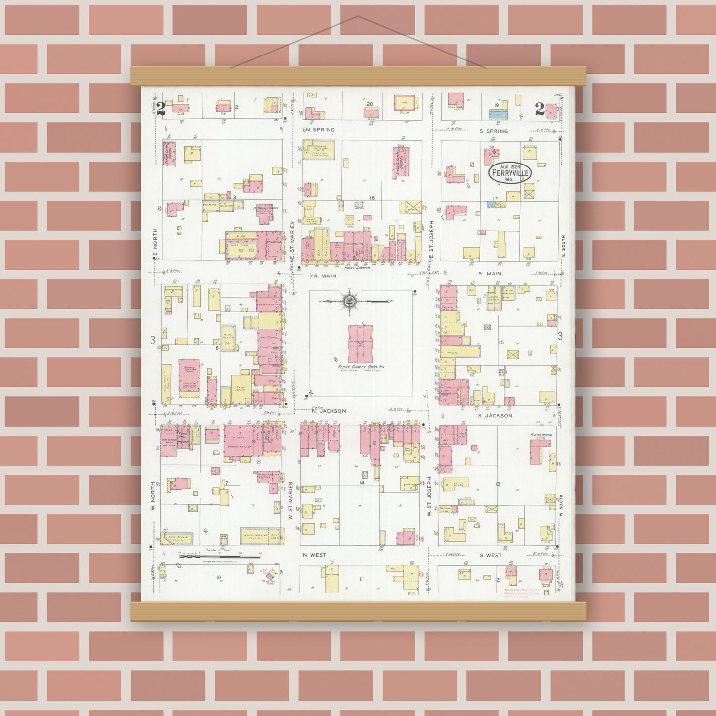 Old map wall art mockup — magnetic wood frame on brick wall — Sanborn Fire Insurance Map from Perryville, Perry County, Missouri (1928), Sheet #0002