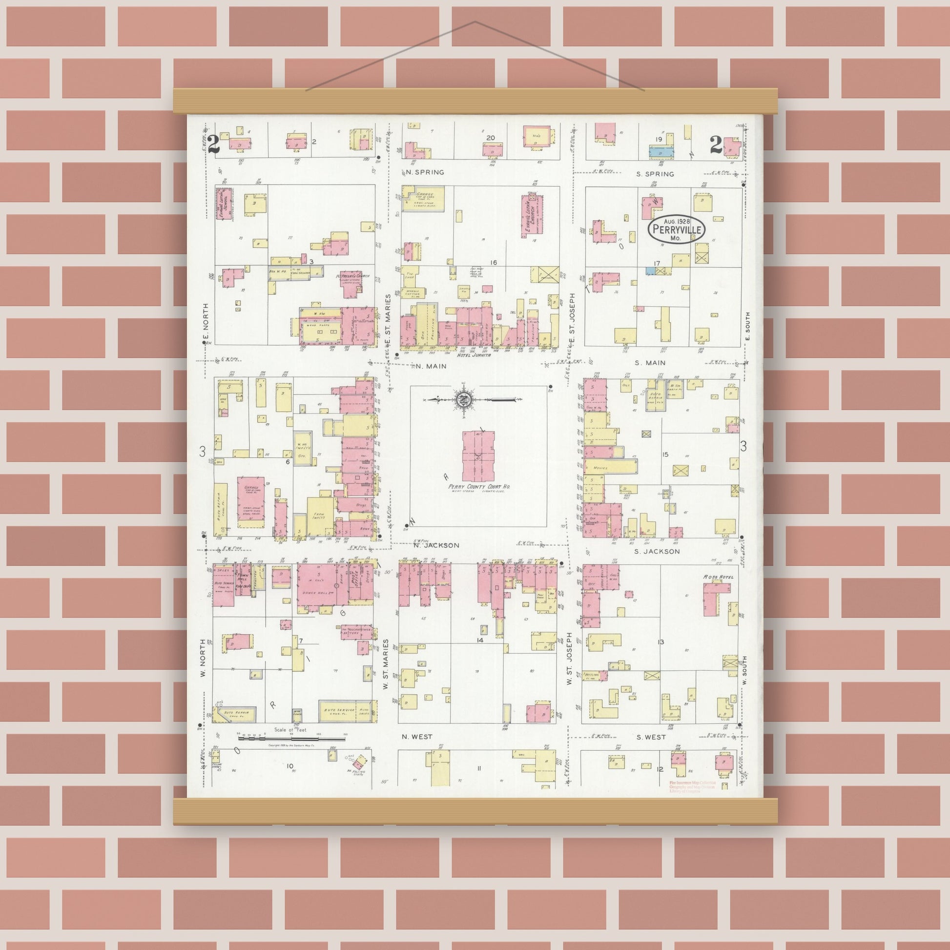 Old map wall art mockup — magnetic wood frame on brick wall — Sanborn Fire Insurance Map from Perryville, Perry County, Missouri (1928), Sheet #0002