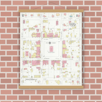 Old map wall art mockup — magnetic wood frame on brick wall — Sanborn Fire Insurance Map from Perryville, Perry County, Missouri (1928), Sheet #0002