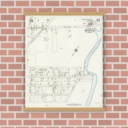 Old map wall art mockup — magnetic wood frame on brick wall — Sanborn Fire Insurance Map from Merchantville, Camden County, New Jersey (1925), Sheet #0021