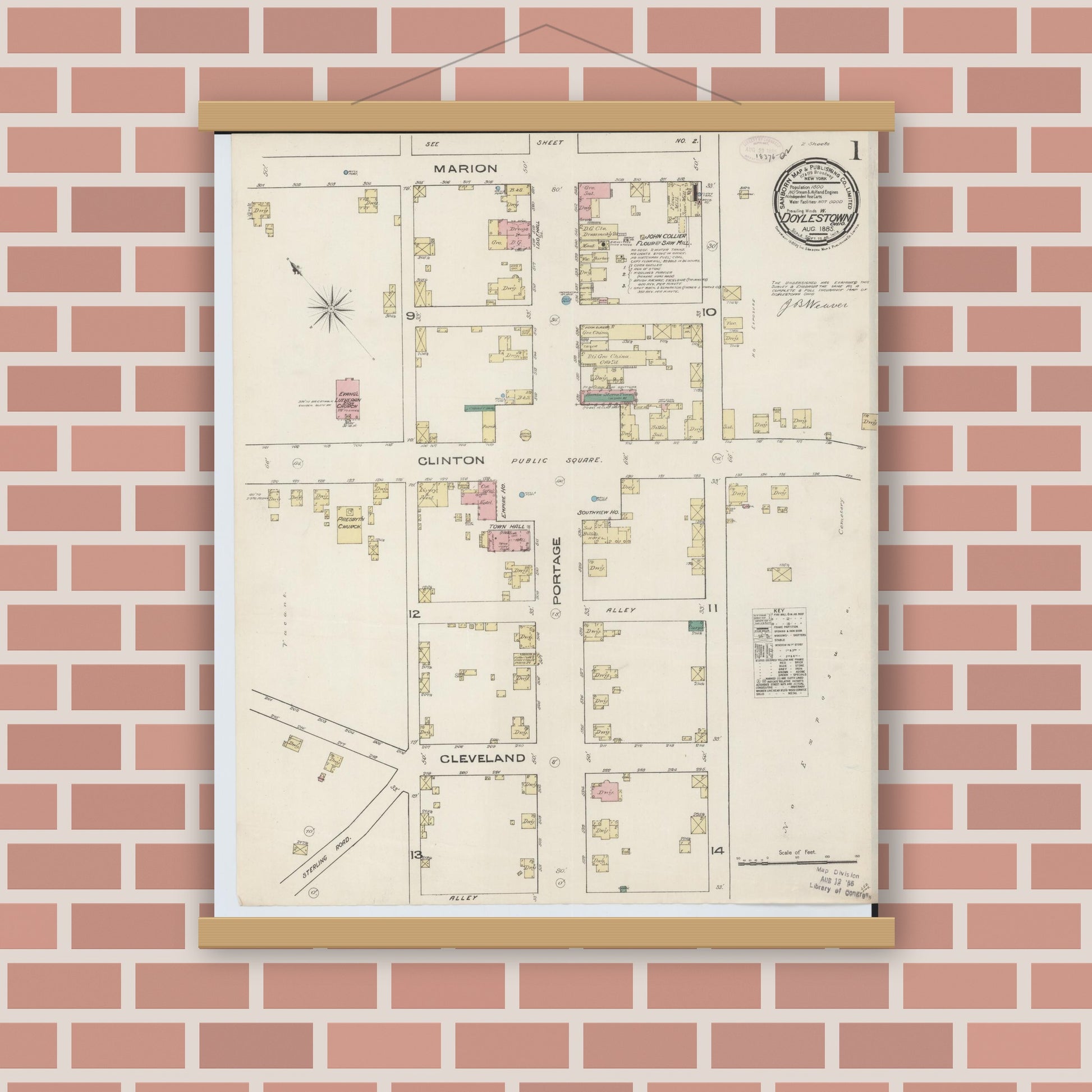 Old map wall art mockup — magnetic wood frame on brick wall — Sanborn Fire Insurance Map from Doylestown, Wayne County, Ohio (1885), Sheet #0001