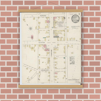 Old map wall art mockup — magnetic wood frame on brick wall — Sanborn Fire Insurance Map from Doylestown, Wayne County, Ohio (1885), Sheet #0001