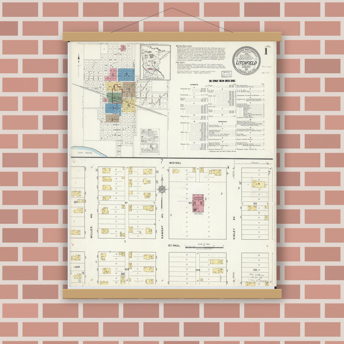 Old map wall art mockup — magnetic wood frame on brick wall — Sanborn Fire Insurance Map from Litchfield, Meeker County, Minnesota (1917) - Complete Map Set