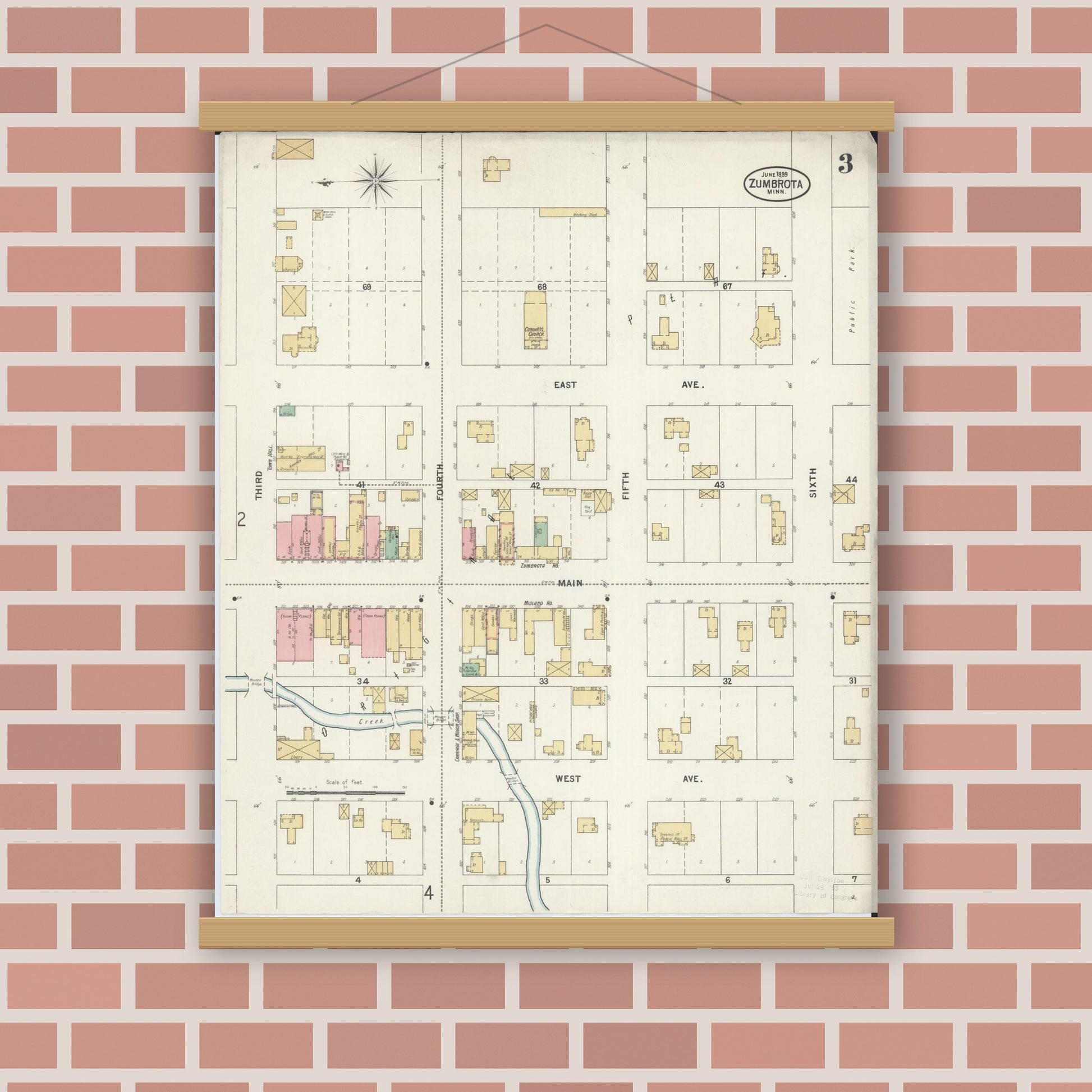 Old map wall art mockup — magnetic wood frame on brick wall — Sanborn Fire Insurance Map from Zumbrota, Goodhue County, Minnesota (1899), Sheet #0003