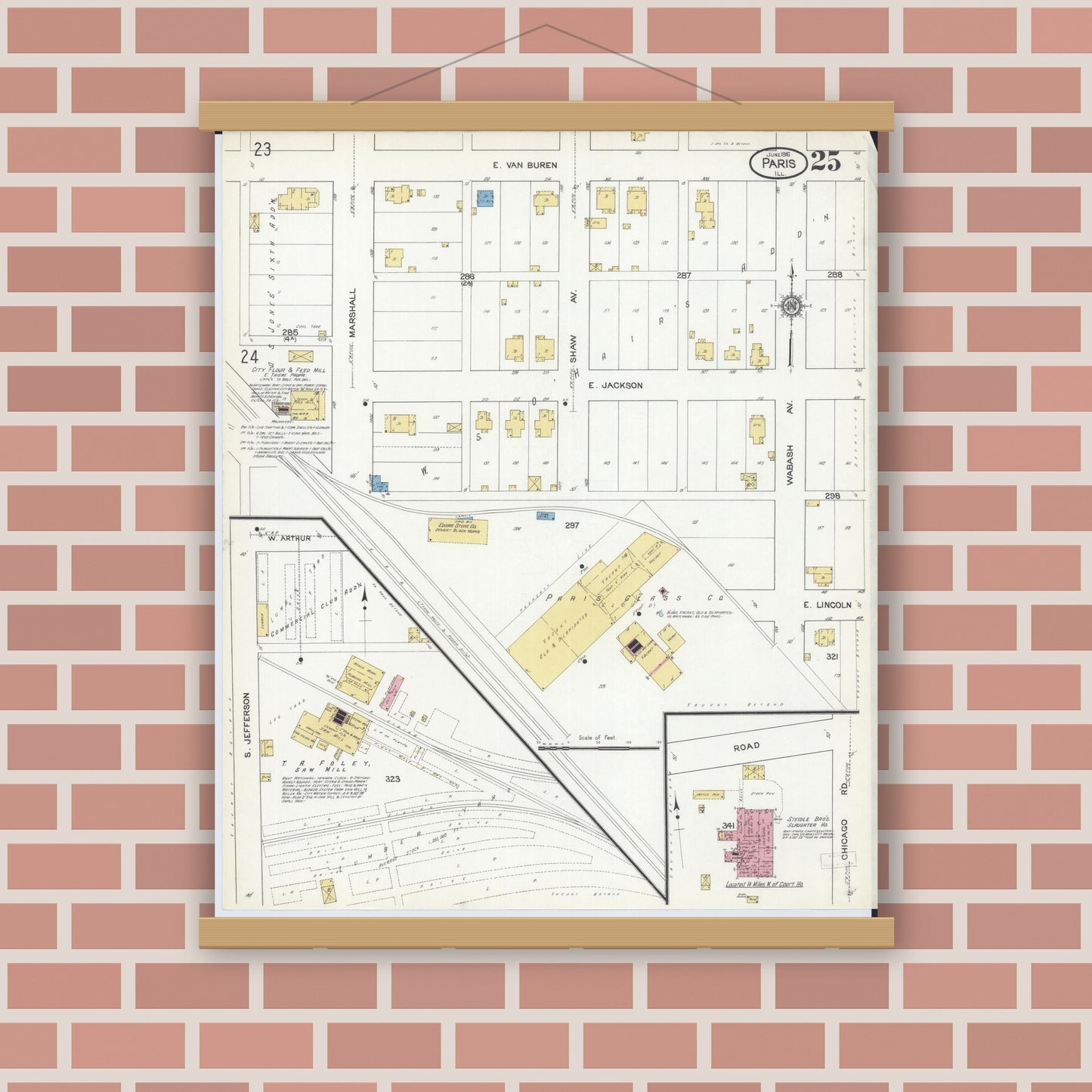 Old map wall art mockup — magnetic wood frame on brick wall — Sanborn Fire Insurance Map from Paris, Edgar County, Illinois (1916), Sheet #0025