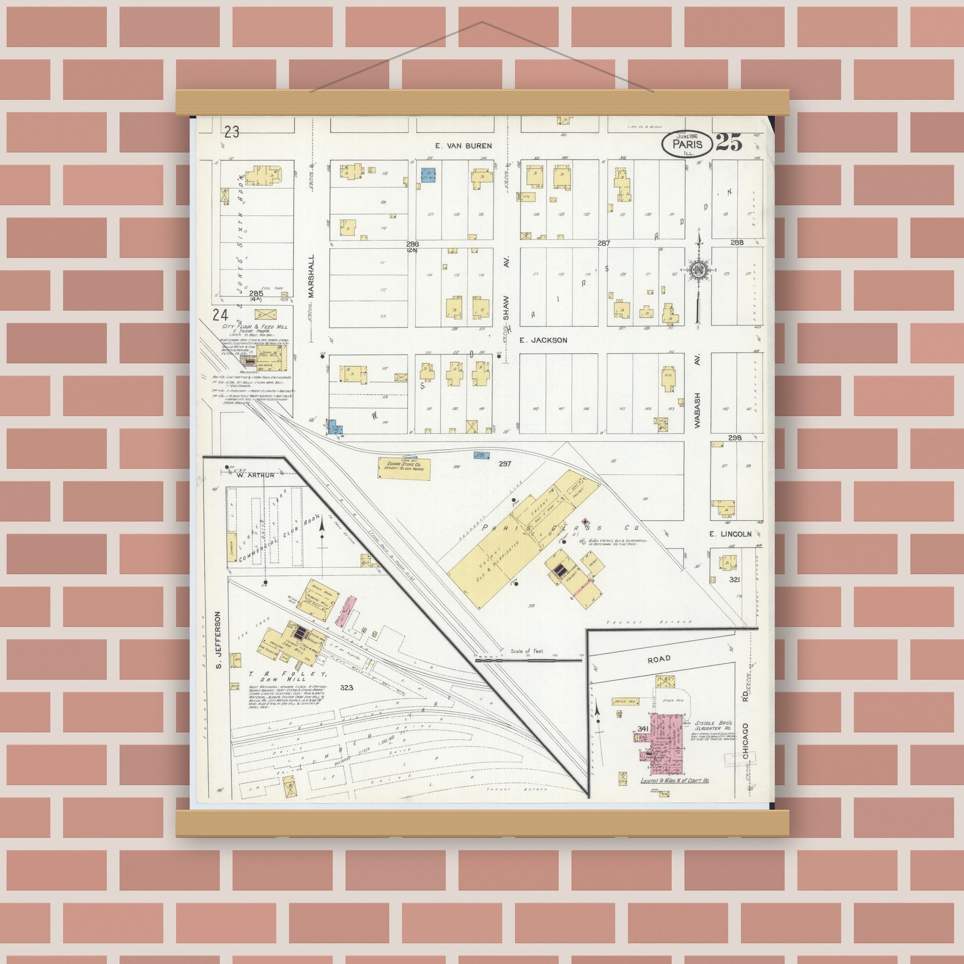 Old map wall art mockup — magnetic wood frame on brick wall — Sanborn Fire Insurance Map from Paris, Edgar County, Illinois (1916), Sheet #0025