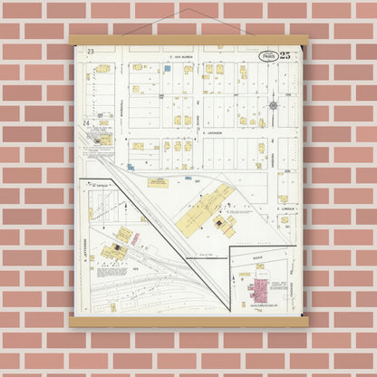 Old map wall art mockup — magnetic wood frame on brick wall — Sanborn Fire Insurance Map from Paris, Edgar County, Illinois (1916), Sheet #0025